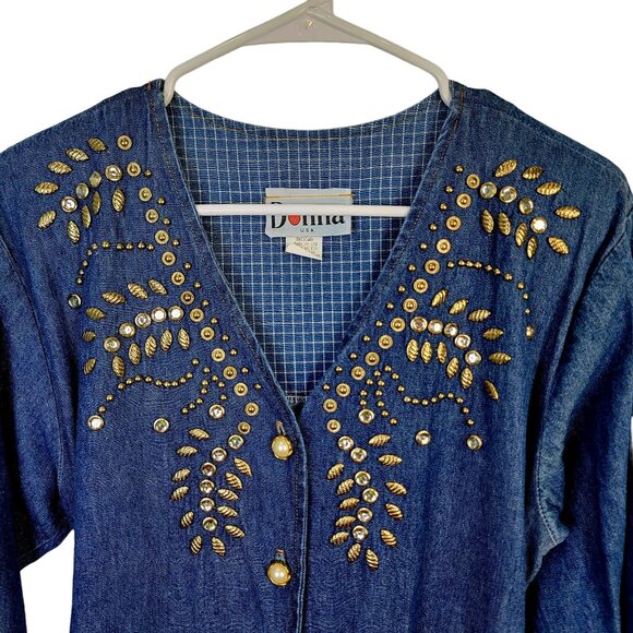Vintage 90s Denim Midi Dress Women Medium Teacher Embellished Rhinestone 8 10 M - Picture 10 of 16